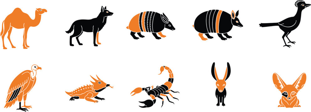Stylized desert wildlife icons featuring a camel wolf armadillo roadrunner vulture and fennec fox