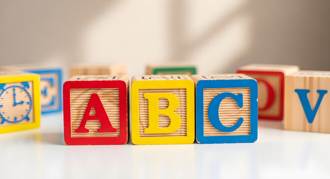 Colorful wooden alphabet blocks spelling ABC on white surface vector illustration