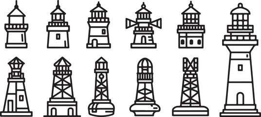 Fototapeta premium A collection of illustrated architectural structures in black and white Vector