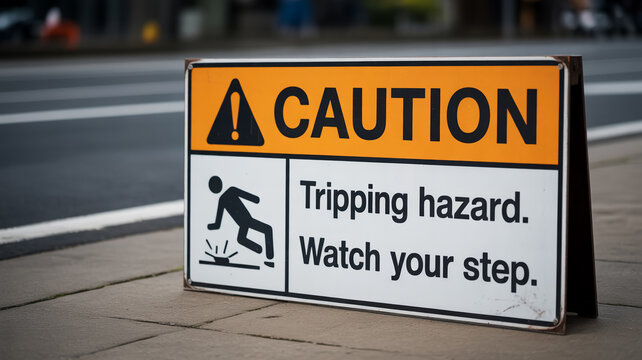Caution sign indicating a tripping hazard on a sidewalk.
