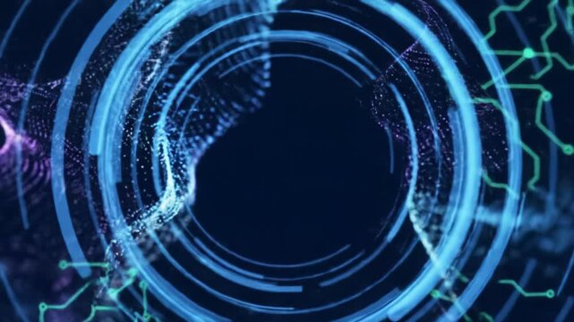 High-resolution abstract motion graphics video with luminous particle flows and evolving geometric patterns against a deep dark background, illuminated by vibrant blues, purples, and greens, subtly