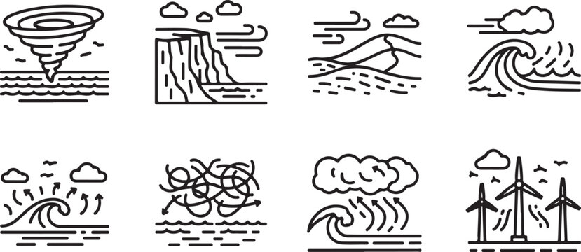 A collection of eight simple black and white line drawings of various objects Vector