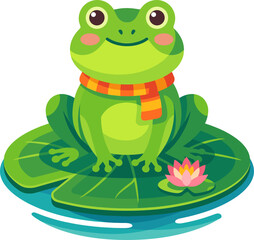 Fototapeta premium Green frog wearing a scarf sitting on a lily pad in a pond