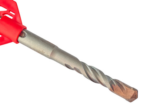 Professional masonry drill bit with red holder isolated on white.
