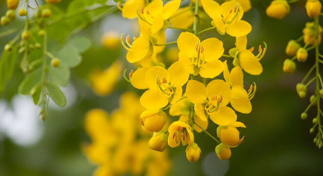 Golden Konna Flowers Blooming in Spring, Traditional Symbol of Vishu and Onam Festival in Kerala
