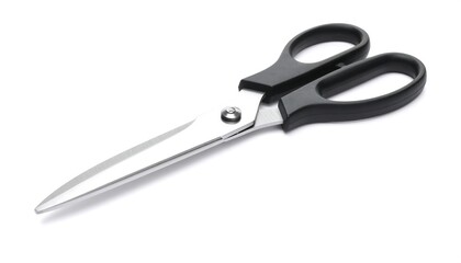 Obraz premium Silver scissors with black handles on a white background, angled diagonally