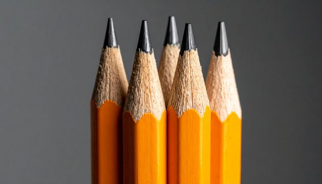 Macro close-up of several sharpened yellow pencils with black graphite tips standing in a row on a grey background