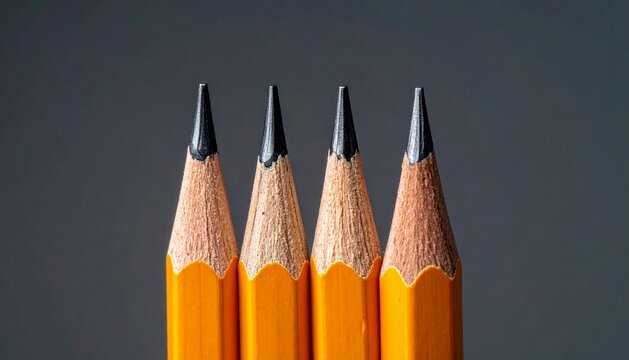 Macro shot of four sharpened yellow pencils in a row on a dark background