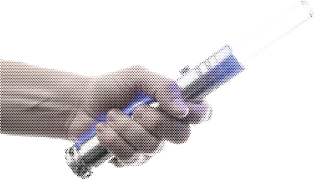 Hand holding glowing baton in halftone stipple for music conduction or light technology