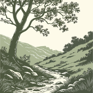 A vintage style illustration depicts a serene landscape with a prominent tree overlooking a winding stream and rolling hills high quality professional