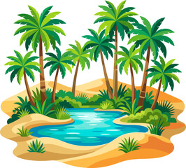 Fototapeta premium Tropical desert oasis with palm trees and blue water pond