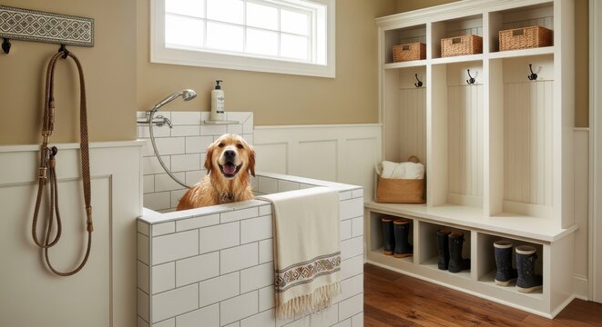 Happy golden retriever sits in a white tiled dog washing station inside a modern mudroom.