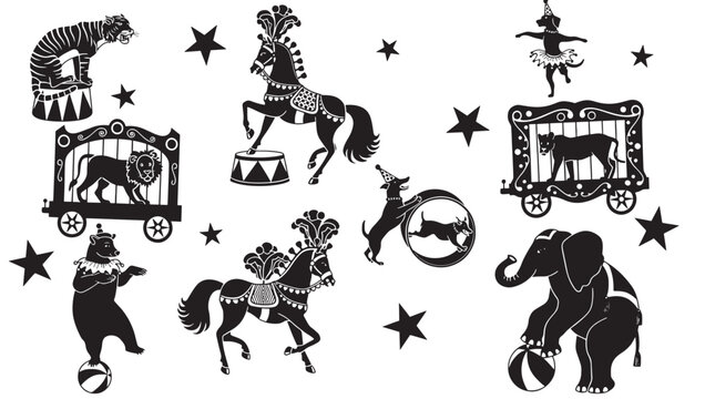 Animals and circus icons set with zebra, lion, elephant, clown ride, stars, and circus wagon illustrations