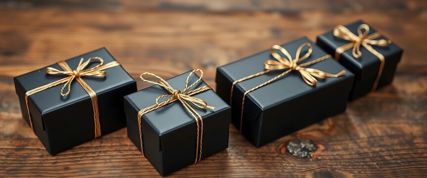 Elegant black & gold gift boxes tied with string on rustic wood,  close-up,  surface
