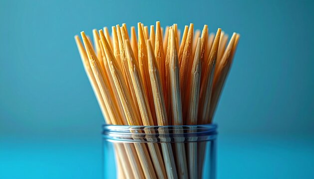 Close-up of Wooden Toothpicks in a Clear Glass Jar Against a Blue Background