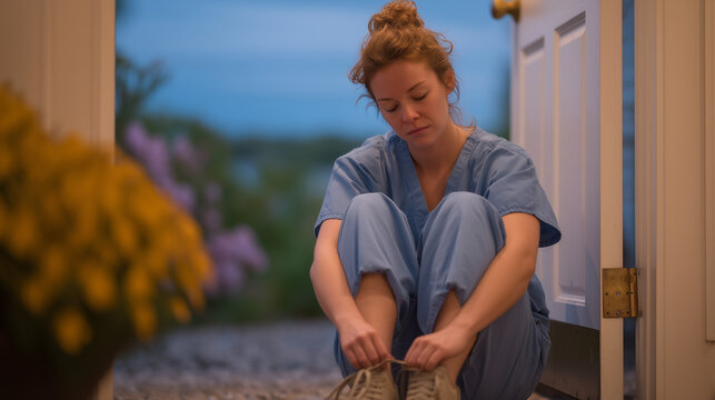 Exhausted nurse removing her work shoes at a front door, eyes closed in relief, twilight blue hour spilling through the hallway window, spring blossoms on the path outside, ideal for caregiver burno