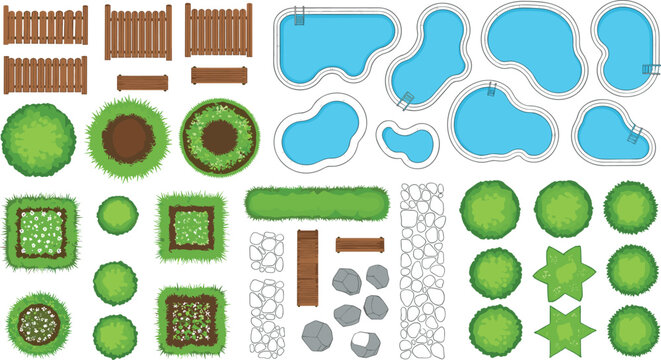 Flat Design Garden Elements Set with Pools, Fences, Rocks, and Greenery for Landscaping and Outdoor Design Projects