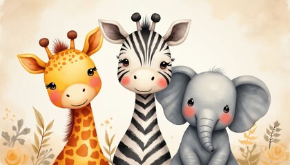 Obraz premium Cute watercolor safari animals giraffe zebra elephant friends pose together. Gentle pastel illustration suitable for nursery decor art children books, evoking sense of sweet innocence, playful