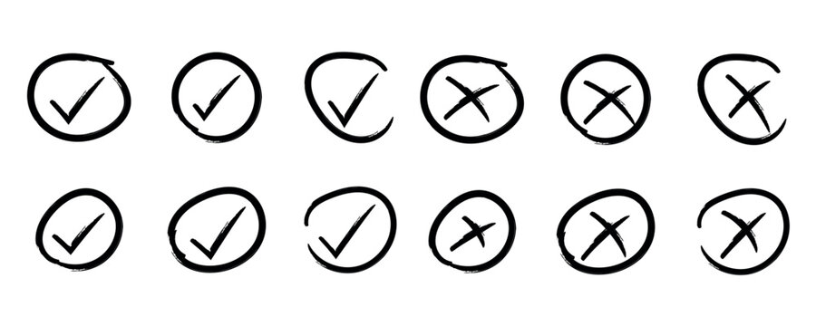 Hand drawn check mark and cross icons set, doodle tick and wrong symbols in circle frames. Marker pen brush stroke sketch checklist elements vector