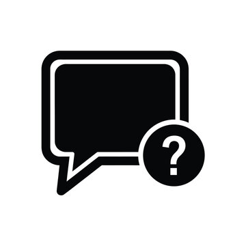 A black and white graphic depicts a speech bubble with a question mark inside a circular badge high quality