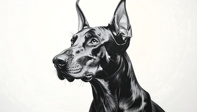 Shiny black dog portrait with perky ears against a bright background, head turned to the left
