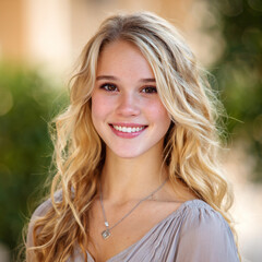 Naklejka premium senior portrait of blonde college student smiling, young woman graduate headshot on light background, confident female student studio portrait neutral outfit