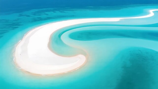 A breathtaking aerial perspective captures pristine white sandbar forming S-curve amidst vibrant turquoise ocean waters serene nature landscape drone view revealing abstract coastal beauty