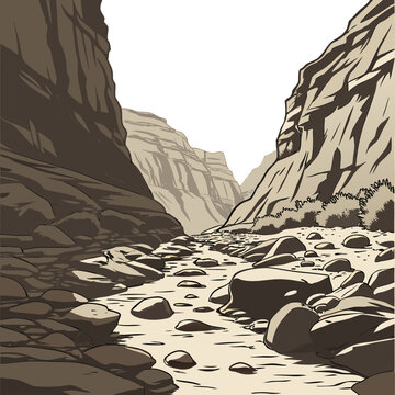 A stylized illustration depicts a narrow canyon with steep rock walls a rocky streambed and sparse vegetation high quality professional detailed modern