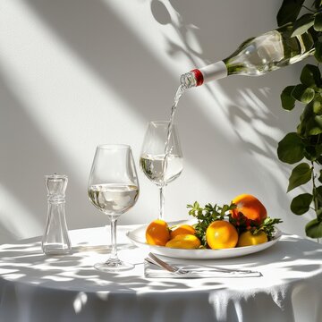 Elegant still life with pou water into wine glass fresh fruits and plants on bright white table with shadows natural lighting minimalistic style