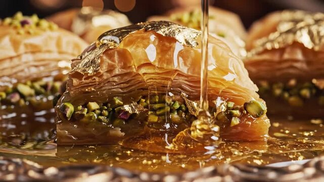 Baklava Delights: Close-up of baklava pastries, glistening with syrup and adorned with pistachios, showcasing the golden layers of the sweet treat. 