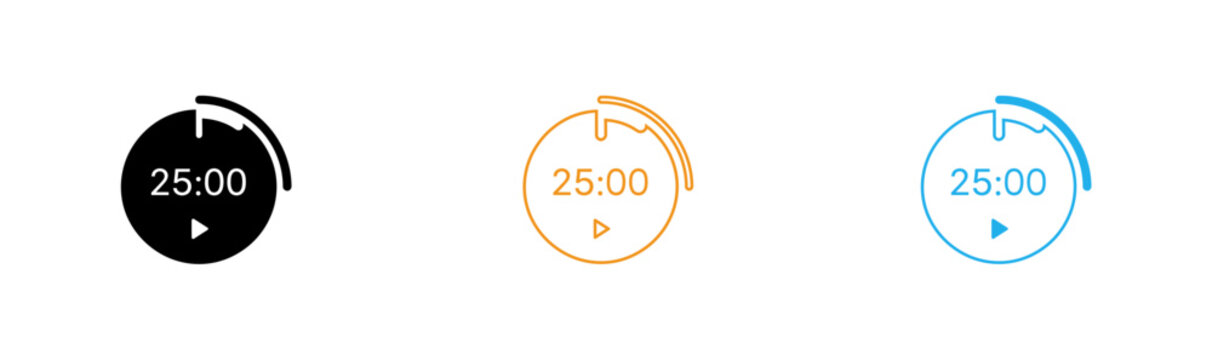 Two timer displays showing 25 00 with play buttons on black background