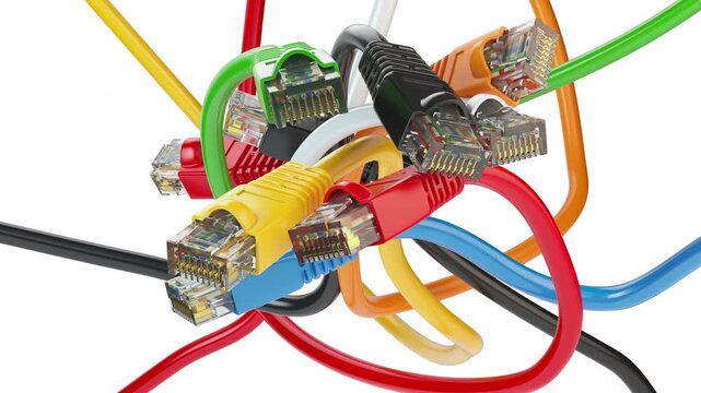 Internet network connectors rj45 and ethernet cables of various colors. Different internet providers