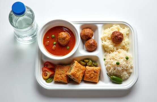 Meatball soup with rice and grilled meatballs served in a tray. Fresh pastry and salad accompany this Turkish food. Water bottle on white table.