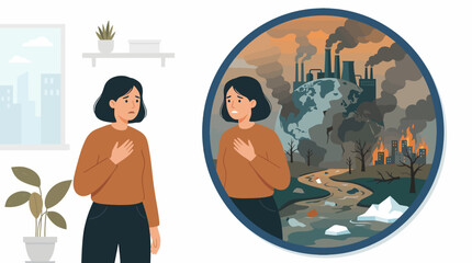 Obraz premium A woman feeling distressed about the severe environmental destruction and climate change impacts depicted in a thought bubble.