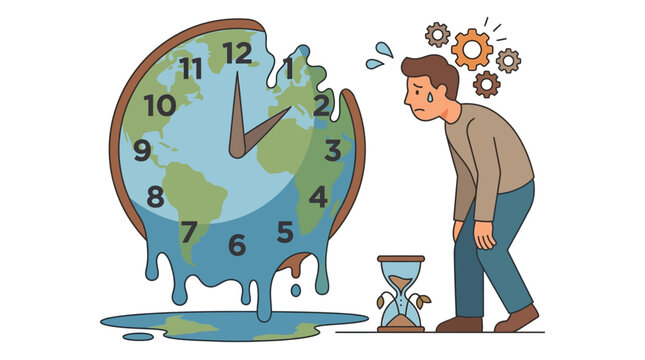 A stressed man with gears above his head looks at a melting Earth-shaped clock and an almost empty hourglass, symbolizing climate change, time running out, and mental pressure.