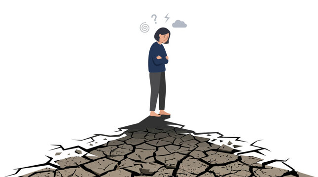 A person stands on cracked ground, looking frustrated and uncertain about a difficult situation, symbolizing stress and challenges.