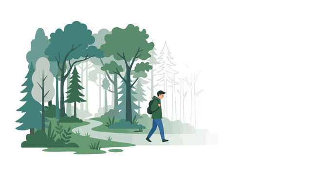 A person with a backpack walking on a winding path through a stylized green forest with trees fading into the background.