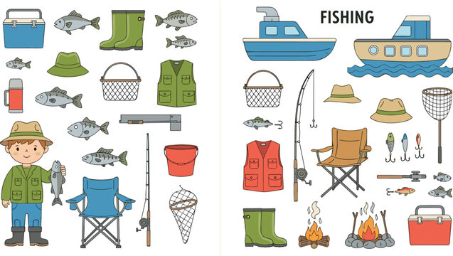 Outdoor Fishing Adventure Vector Set Featuring Fisherman Character Boats Rods Tackle Boxes Fish Campfire and Essential Fishing Equipment