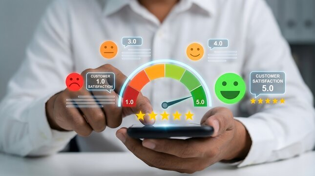 Man holding a smartphone displaying a customer satisfaction meter and smiley faces for user feedback.