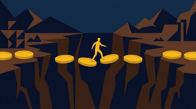 Financial risk and overcoming business challenges flat graphic with gold coin bridge.