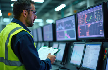 Fototapeta premium Man in safety vest works in control room. He checks data on screens and holds documents. Engineer manages power grid operations on computers.
