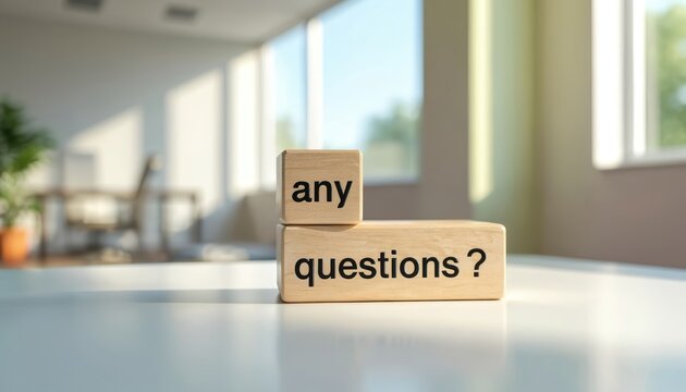 Wooden blocks spell out any questions. Image shows clean office space with bright window light. Symbolizes asking for information or seeking clarification.