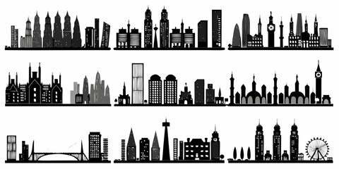 Silhouettes of iconic city skylines arranged in horizontal rows © Tarun