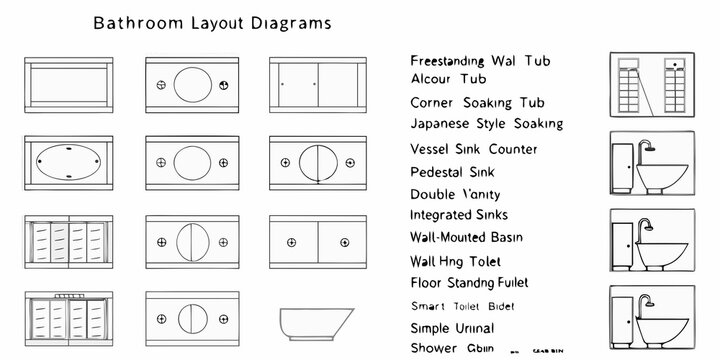 Bathroom layout diagrams showcasing various fixtures and design options