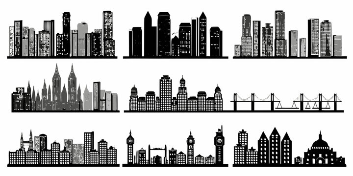 Silhouetted cityscapes and landmarks in a black and white illustration