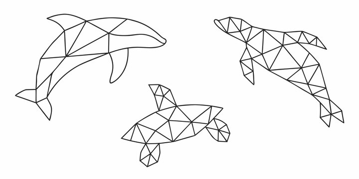 Geometric marine life a dolphin turtle and bird in outline form