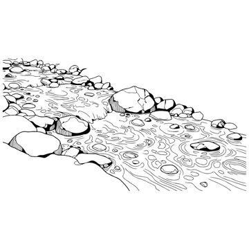 Hand-drawn illustration of a rocky mountain stream bed with pebbles and stones