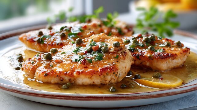 Chicken piccata lemon butter sauce ceramic plate clean white kitchen mood