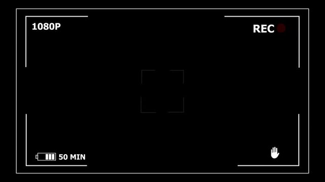Camera recording overlay frame in 4K HD. Camera viewfinder REC screen with time code, battery and focus guides. Camera screen template for editing and live stream footage.