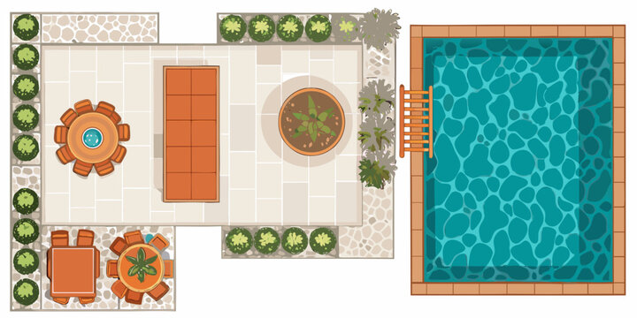 Aerial view of a backyard patio featuring a pool and seating areas